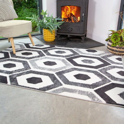 Modern Black Grey Geometric Rug Small Large Soft Living Room Rugs Hall Runners