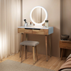 Modern Dressing Table Stool Set Round Makeup Mirror w/LED Lights Wooden 2 Drawer
