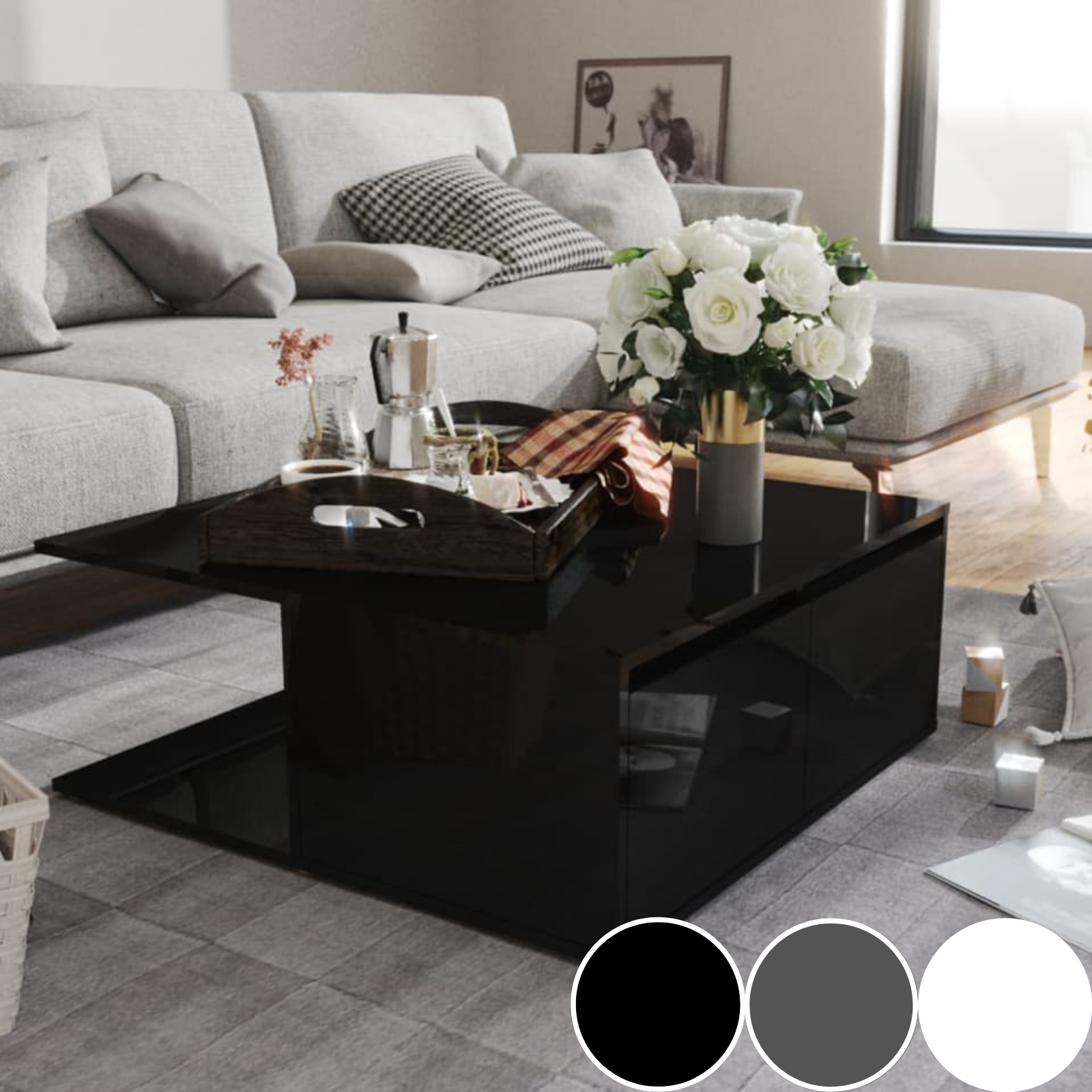Black High Gloss Coffee Table with Storage Contemporary Living
