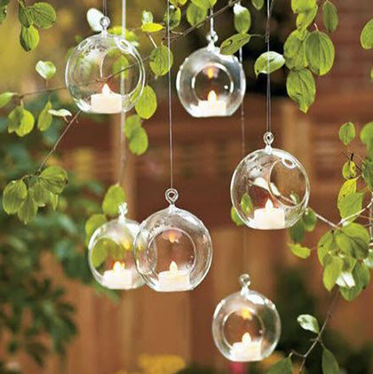 Glass Clear Open Mouth Baubles Round Candle Tea Light Holder Hanging Tree Plant