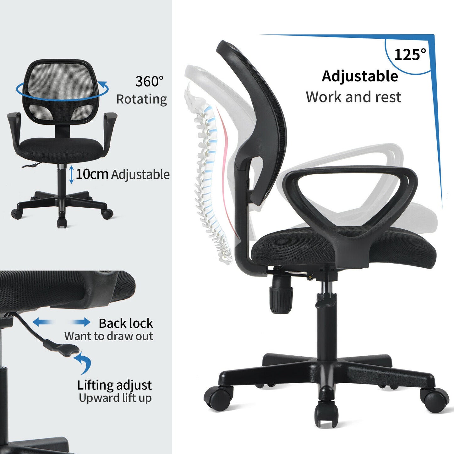 Adjustable Office Chair Back Support Swivel Lift Chair Computer Desk Task Chairs