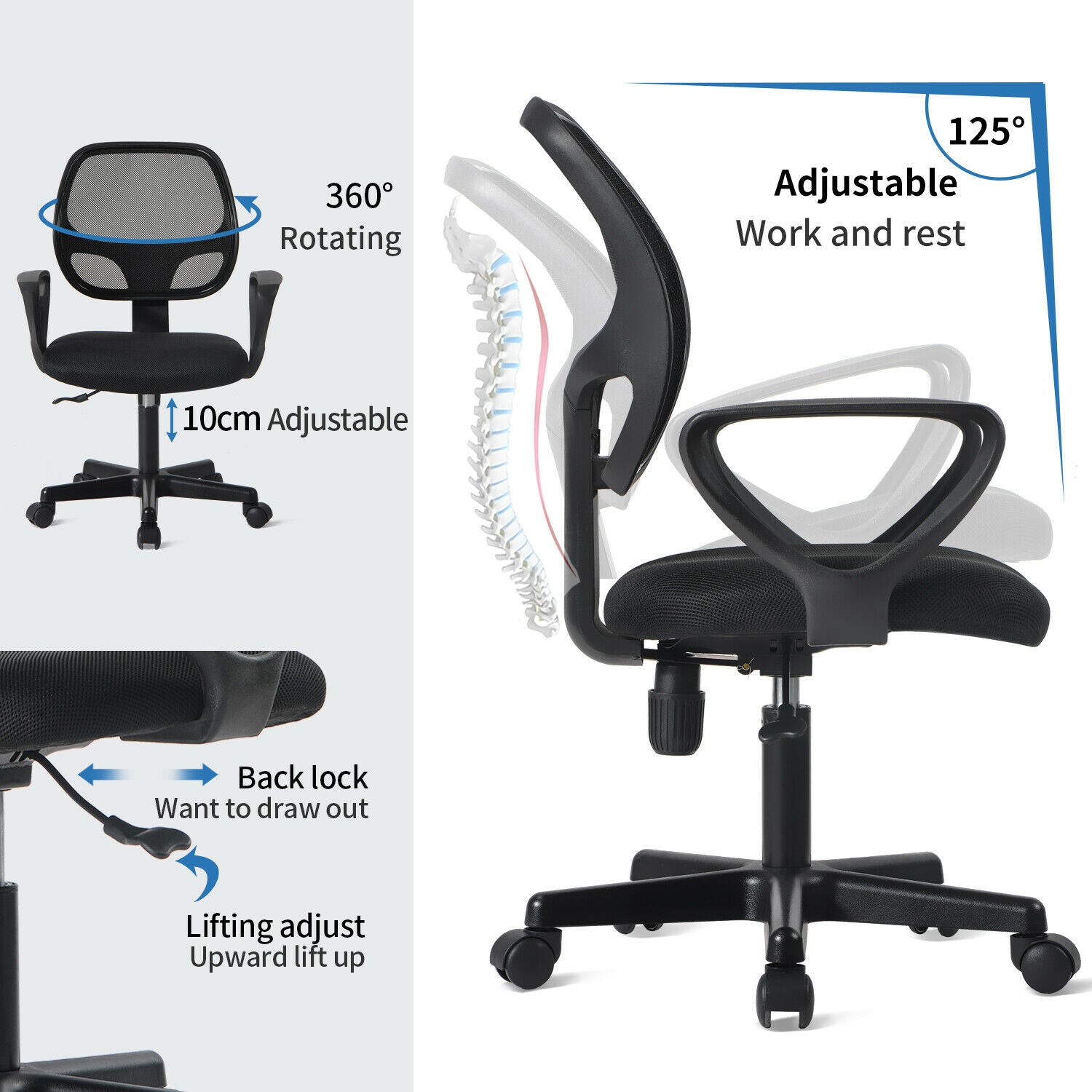 Adjustable Office Chair Back Support Swivel Lift Chair Computer Desk Task Chairs