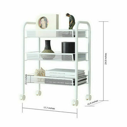 Kitchen Trolley Cart Rolling 3 Tier Mesh Storage Rack Trolley w/ Wheel Hook New