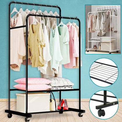 Metal Clothes Double Rail Rolling Garment Heavy Duty Hanging Rack Shelf Display