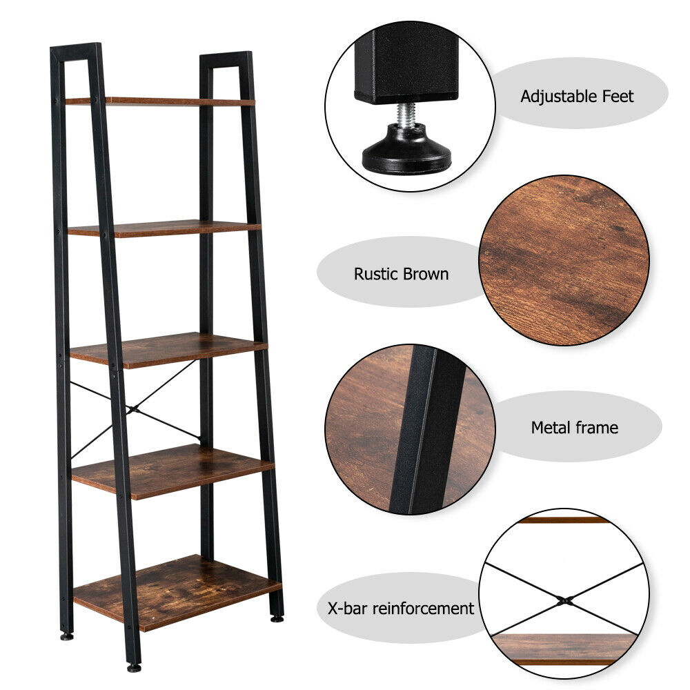 5-Tier Ladder Shelf Bookshelf Bookcase Plant Stand Book Storage Rack Metal Wood