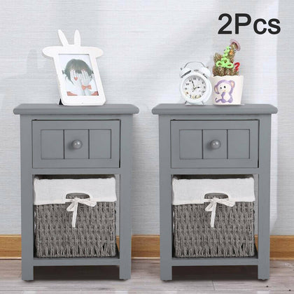 Pair of Wooden Bedside Tables Night Stand Cabinet Storage Drawer Wicker Baskets