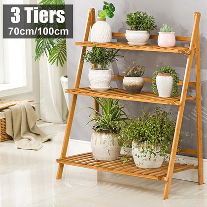 Bamboo Wooden Shelf Plant Stand Folding Multi Tier Ladder Storage Indoor Outdoor