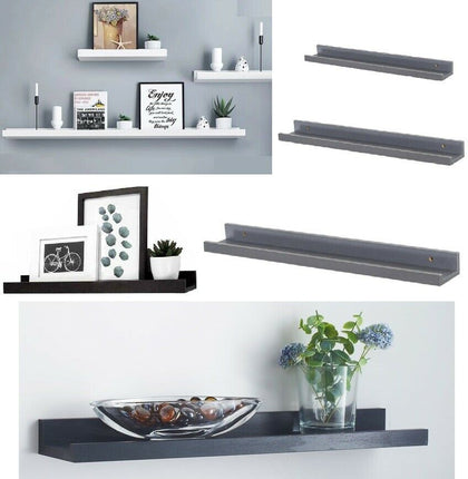 WOODEN FLOATING SHELF SHELVES KIT WALL MOUNTED DISPLAY UNIT HOME OFFICE BATHROOM