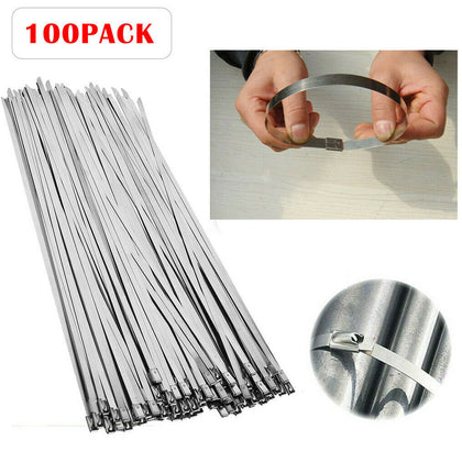 100pcs Stainless Steel Metal Cable Wire Zip Tie Exhaust Wrap Self-Locking 12