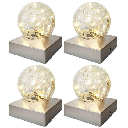 4 SOLAR DECK CAP POST LIGHTS OUTDOOR GARDEN CRACKLE GLASS BALL LIGHTS WARM WHITE
