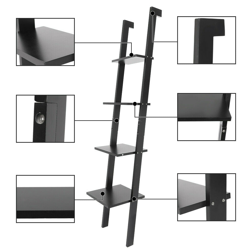 4-Tier Wood Ladder Shelf, Standing Wall Rack, Bookcase Display Shelf White Black