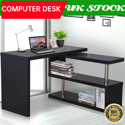 Corner Computer Desk L-Shaped Study Table With Shelves Home Office 4 Wheels