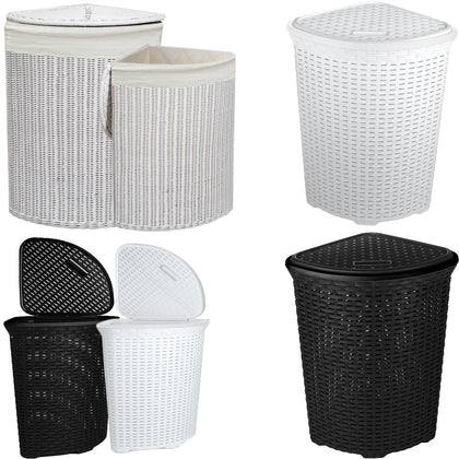 Large Corner Rattan/Wicker Laundry Basket Cloth Lining W/Lid Hamper Storage Bin