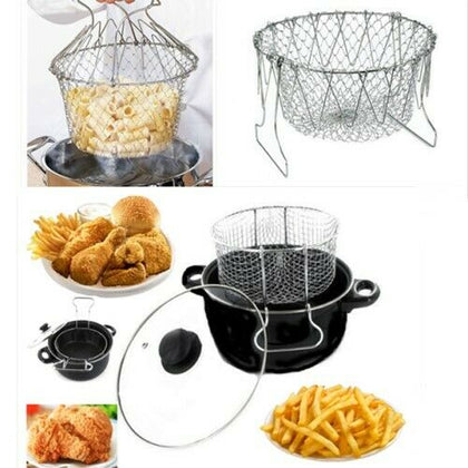 Large Black Non Stick Chip Pan Set Fryer Deep Fat Folding Frying Wire Basket Pot
