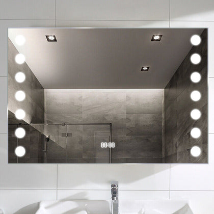 Bathroom Anti-Fog LED Illuminated Mirror With Clock Shaver Socket Horizontal