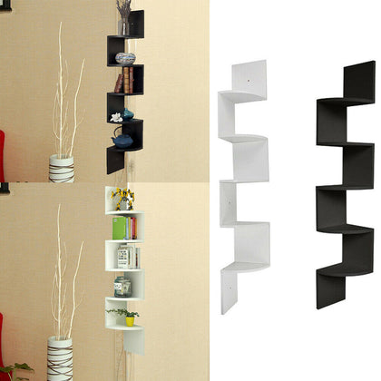 5 Tier Floating Wall Shelves Corner Shelf Storage Display Bookcase Bedroom UK