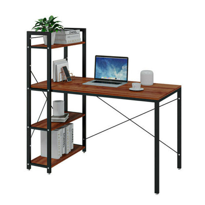 Industrial Style Metal Frame Wooden Computer Desk With 3 Storage Shelves Hooks U