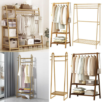 Large Coat Stand Wooden Bamboo Clothes Rail Shelf Corner Garment Rack Home
