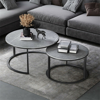 Set of 2 Nesting Coffee Tables Round Side End Lamp Tables with Metal Frame, Grey