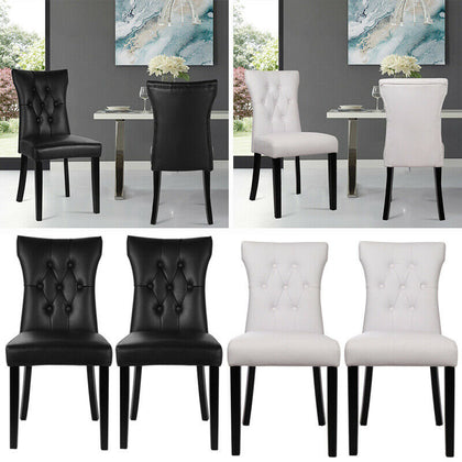 2pcs PU Leather Padded Dining Chairs Retro Button Back Home Kitchen Dinner Seat