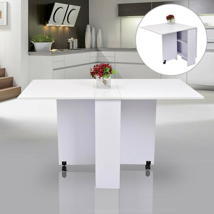 Portable Dining Table Drop Leaf Wheels Kitchen Furniture Folding Top White