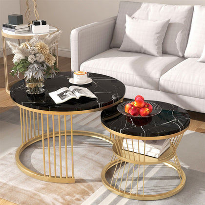 Nesting Coffee Table Set of 2 Marble Effect Side End Table for Living Room Black