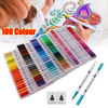 100 Colour Dual Tip Brush Pens w/Fineliners Art Markers Drawing Kids Girls Gift