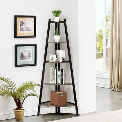 5 Tier Metal Ladder Shelf Display Shelving Wood Rack Plant Stand Corner Storage