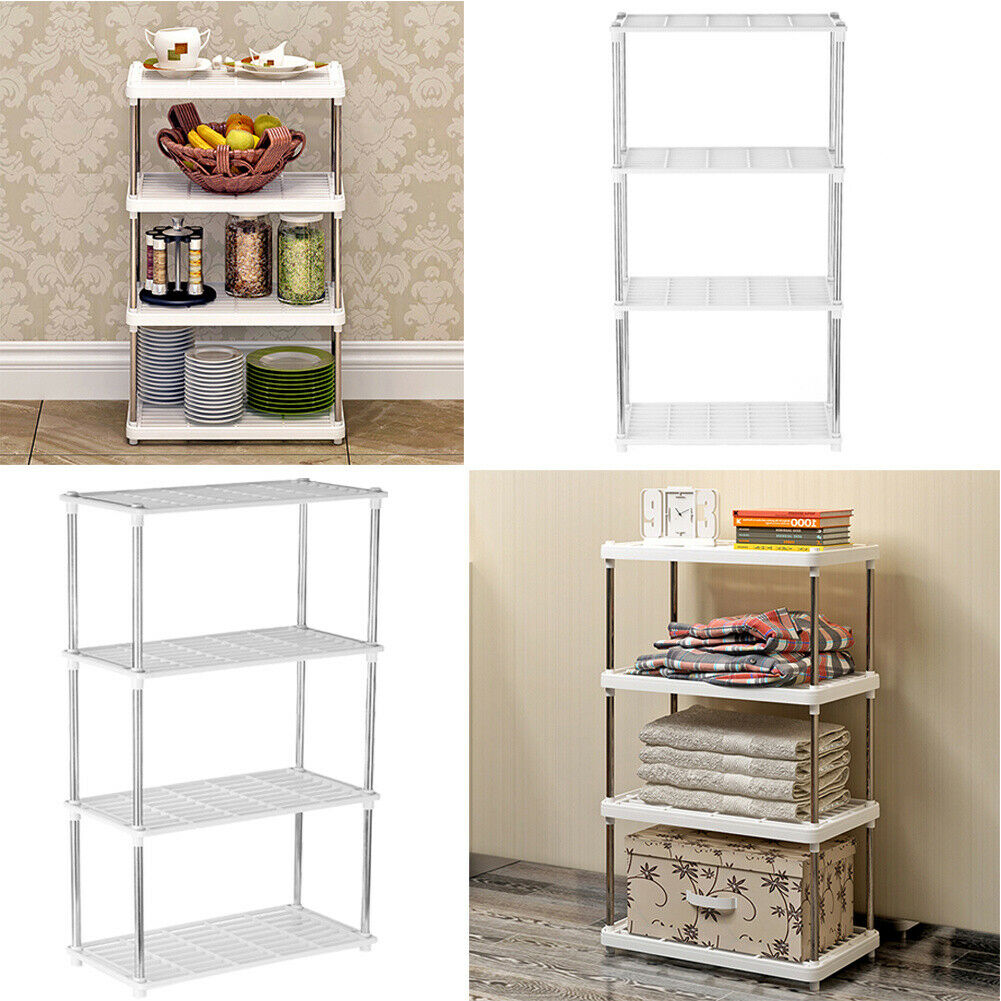 4 Tier Standing Shelf Kitchen Bathroom Storage Rack Metal Shelving Unit White UK