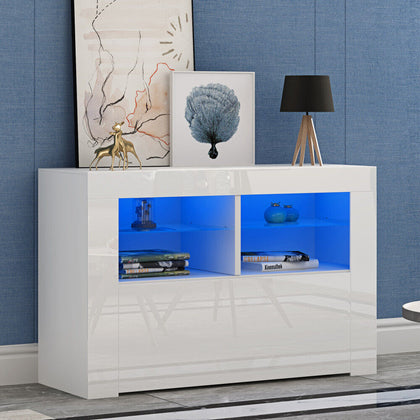 Modern White TV Unit Cabinet Stand High Gloss Doors Storage with RGB LED Lights