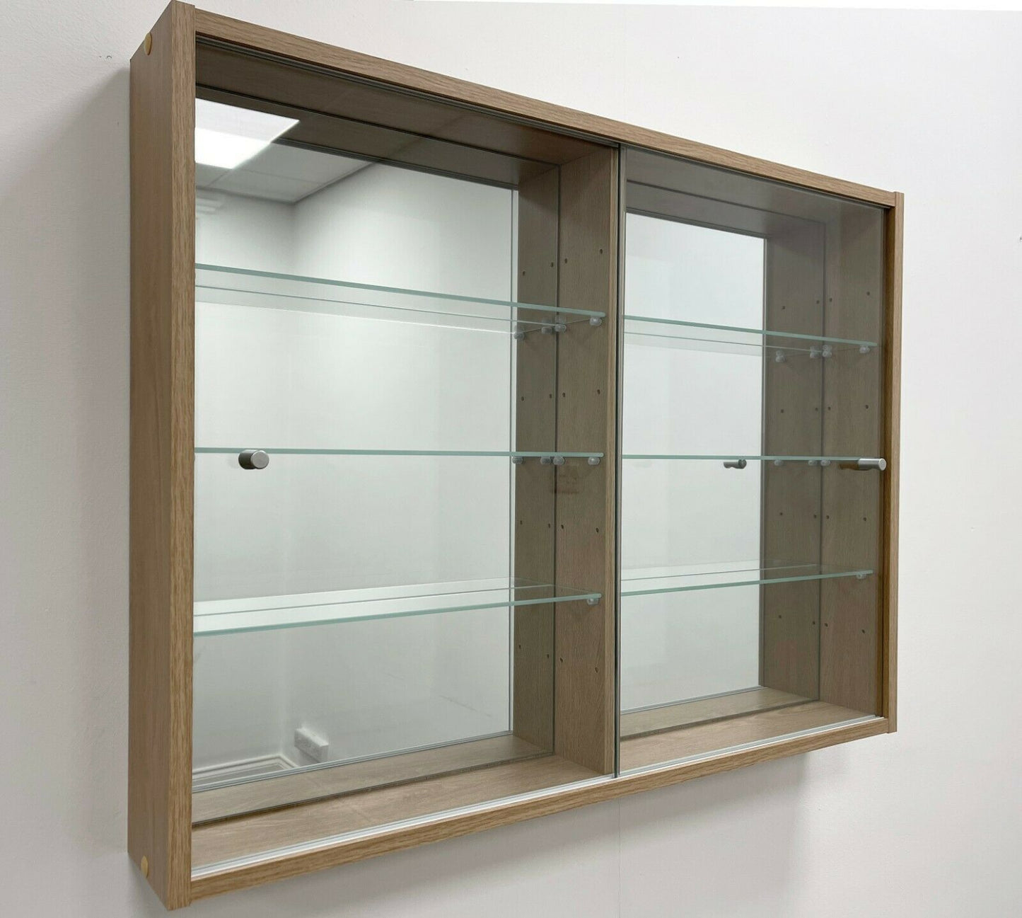 Glass Display Cabinet Wall Mounted Wide Large Toys Vapes Oak Effect Mirror Back