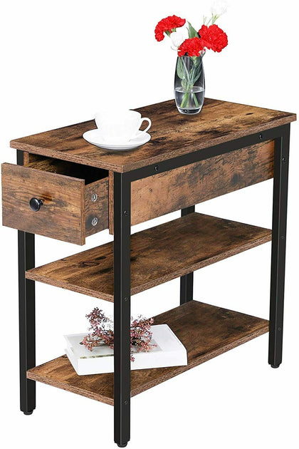 HOOBRO Narrow Side Table 3-Tier End Table with Drawer and 2 Storage Shelves
