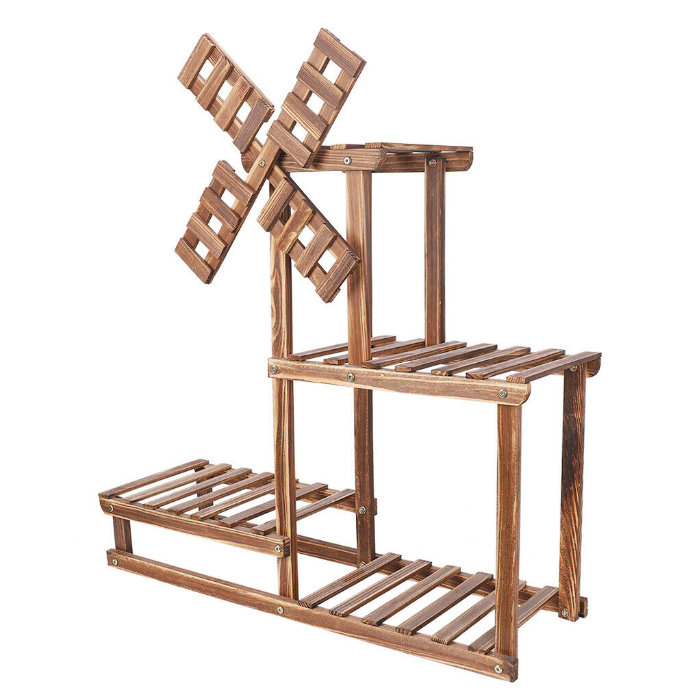 4 Tiers Flower Rack Wood Plant Stand Bonsai Display Shelf With Dutch Windmill