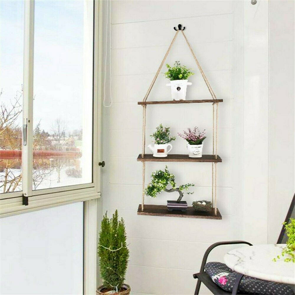 3 Tiers Rustic Wooden Wall Hanging Rope Shelf Mounted Floating Storage Unit Home