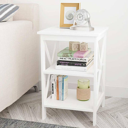 White Bedside Table Wooden Nightstand Lamp Table with 2 Shelves Sofa Side Table