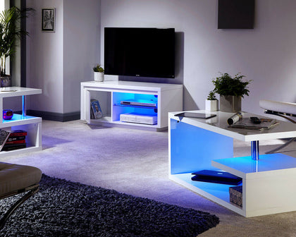 High Gloss RGB LED Lights Coffee Table Storage Side Table White Unit Living Room