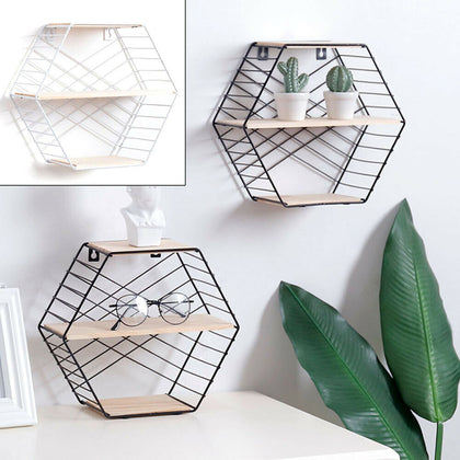 Wall shelf hexagon metal wood wall shelf home decoration dormitory storage shelf