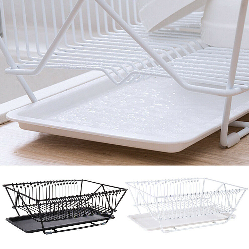 Rectangular Dish Drainer Round Draining Rack Chrome Drain Board +Removable  Tray