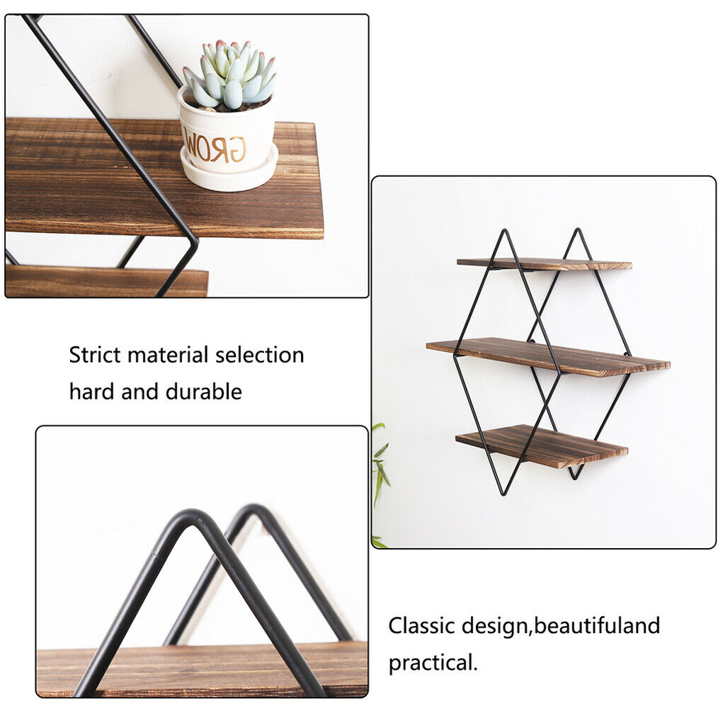 3 Tiers Diamond Floating Shelf Wall Mounted Storage Shelving Vintage Wooden Rack