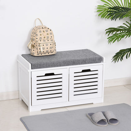 2-Door Shoe Storage Bench Cushion Seat Slatted Doors Elevated Base White