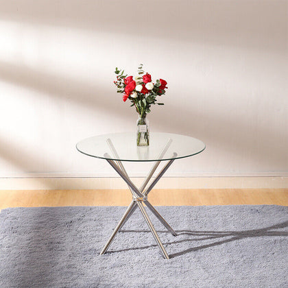 Round Clear Glass Dining Table Cafe Bistro Coffee Table with X-shaped Chrome Leg