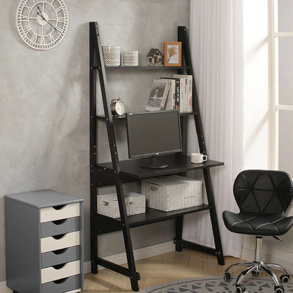 Black Ladder Computer Desk with Shelves Corner PC Table Workstation Home Office