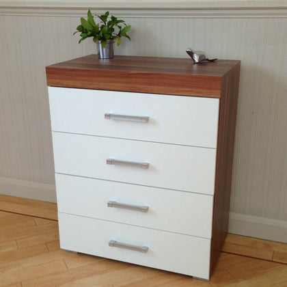 Chest of 4 Drawers in White & Walnut Bedroom Furniture Modern * BRAND NEW*