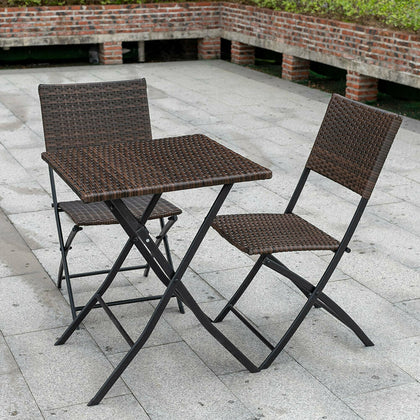 Lightweight Brown Ratten Bistro Set Patio Garden Furniture Table+2Chairs Folding