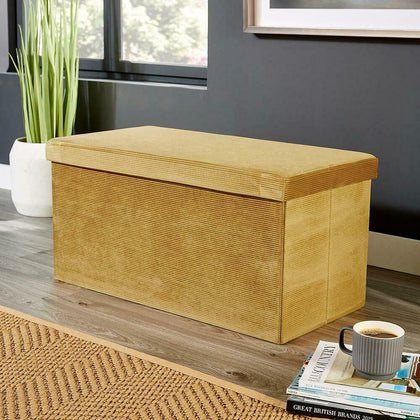 Large Folding Ottoman Mustard Ribbed Cord Fabric Chest Storage Space Saving Box