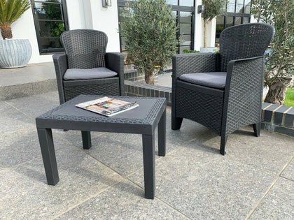 3 PIECE BISTRO SET TABLE AND CHAIRS RATTAN EFFECT GARDEN SET WITH CUSHIONS