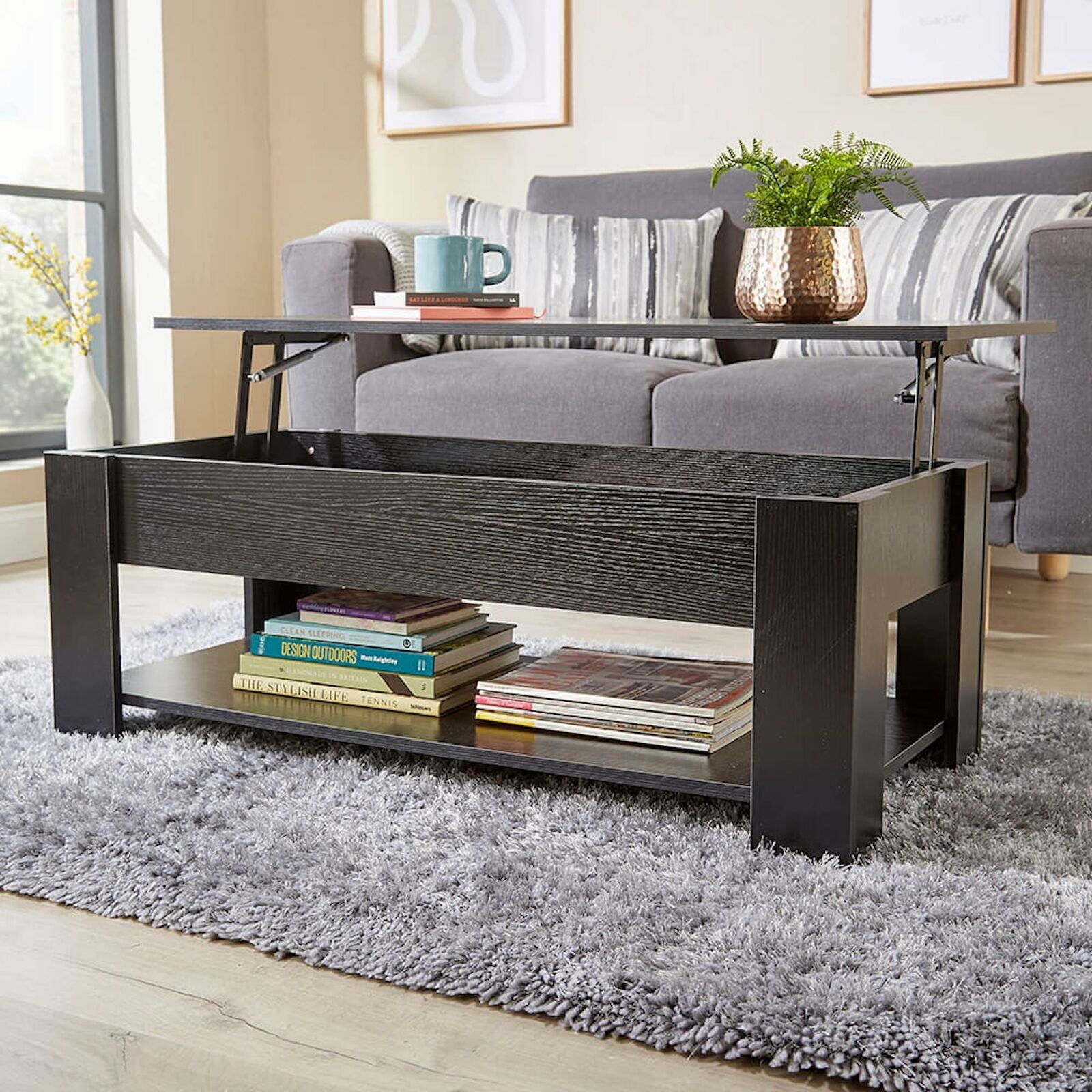Black Wooden Coffee Table With Lift Up Top Storage Area and Magazine S ...