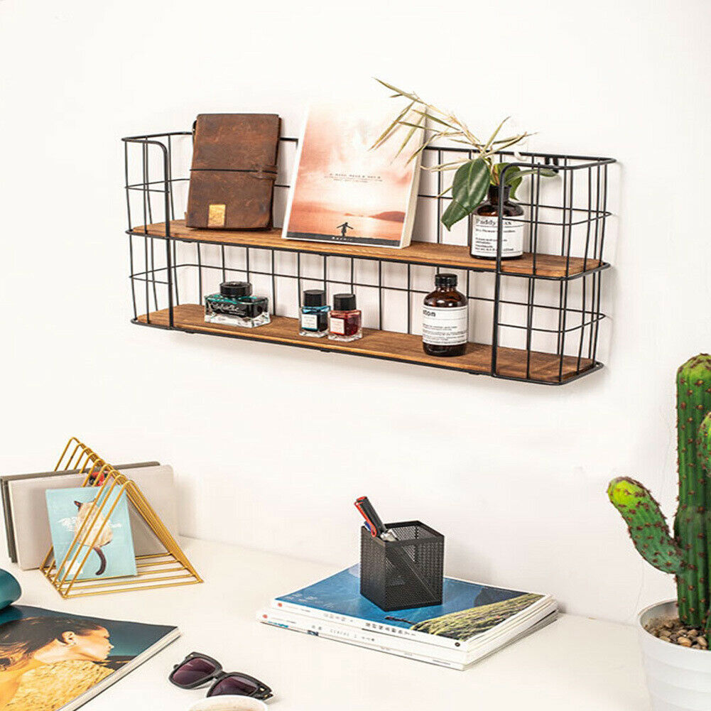2 Tier Wall Mounted Metal Wire Wood Shelf Floating Shelves Kitchen Storage Rack