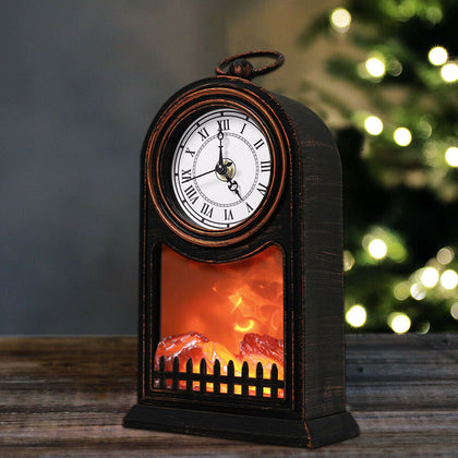 Hanging LED Fireplace Lantern Mini Table Lamp with Clock Christmas Gift Ornament
