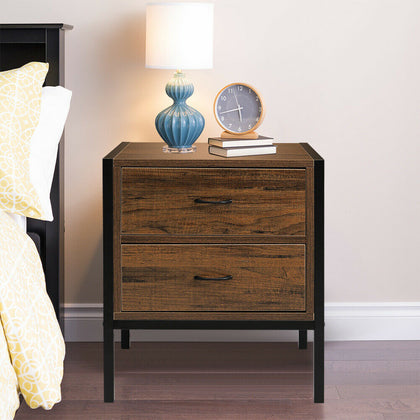 Industrial Wood Cabinet Bedside Table End Side Storage Nightstand Metal Framed